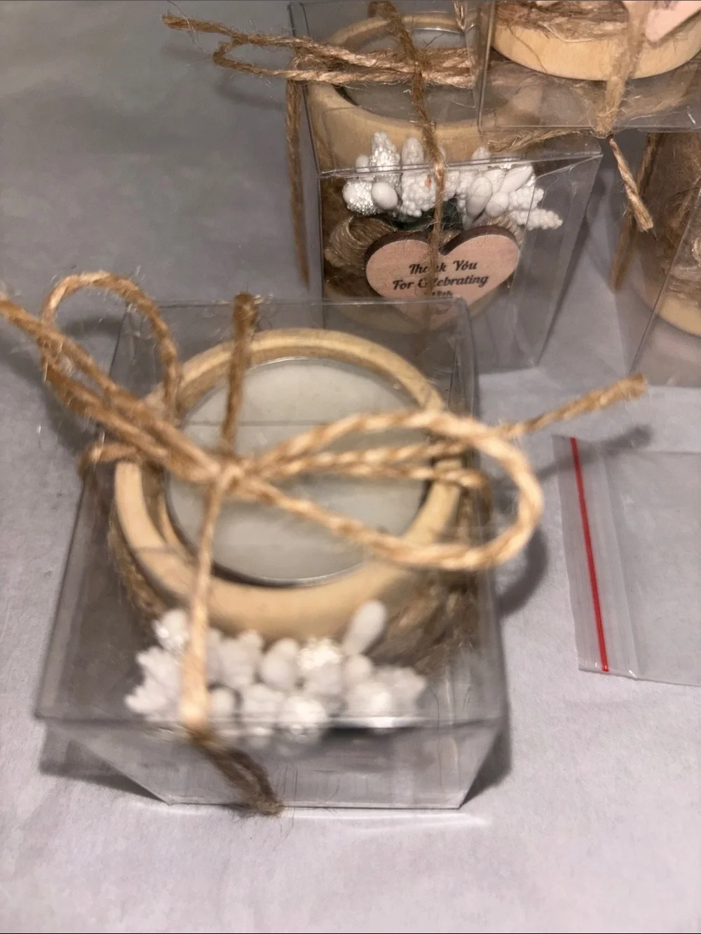 White Floral Rustic Tea Candle  Party Favor with Heart Tag -